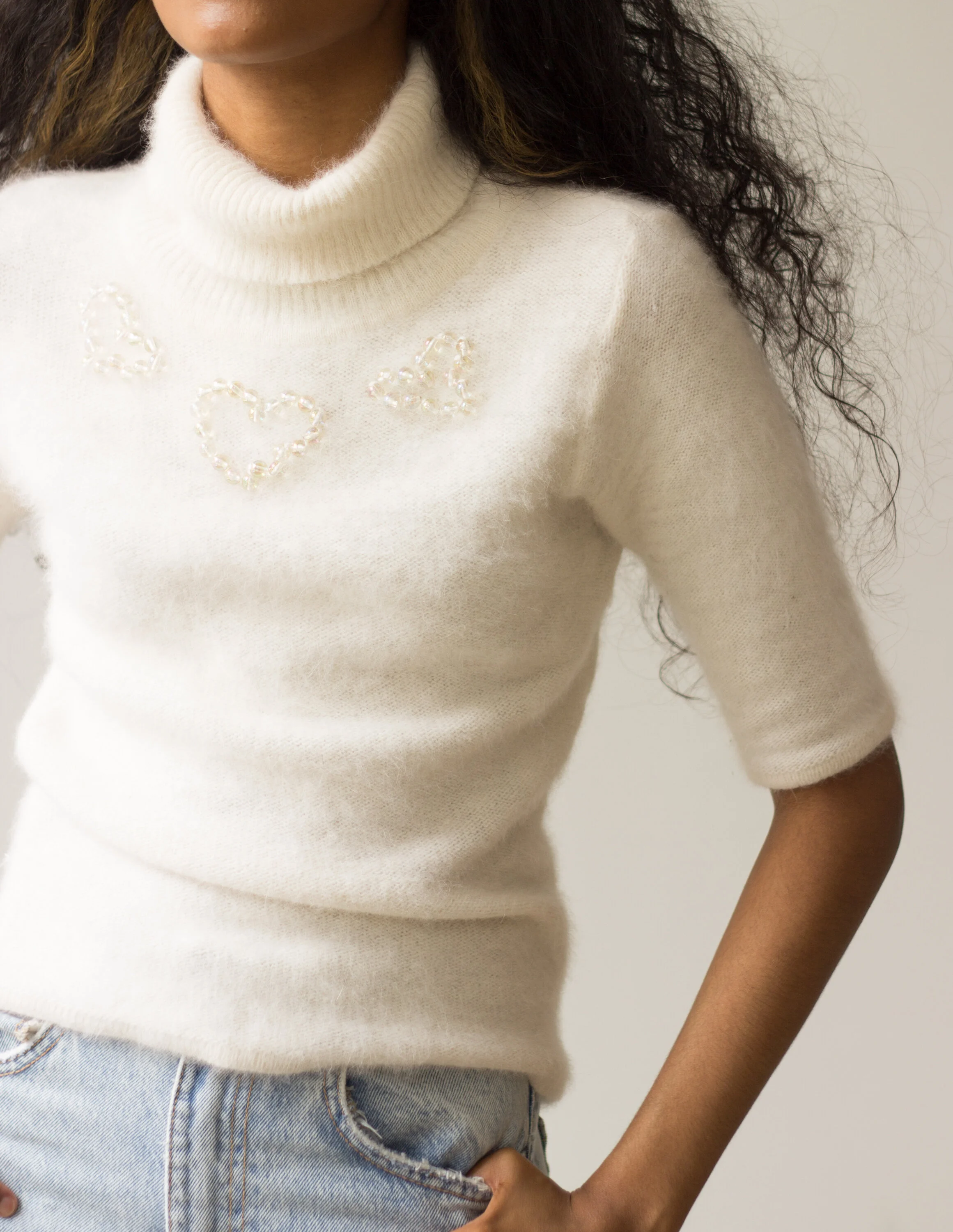 トップス withoutsummer little angora half knit 1990s Creme Angora Knit with Heart Beads — Wayward Collection